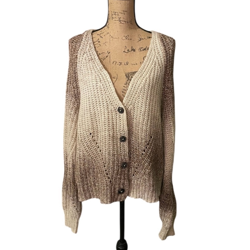 Natural‎ Reflections Cream and Brown Ribbed Cardigan Sweater